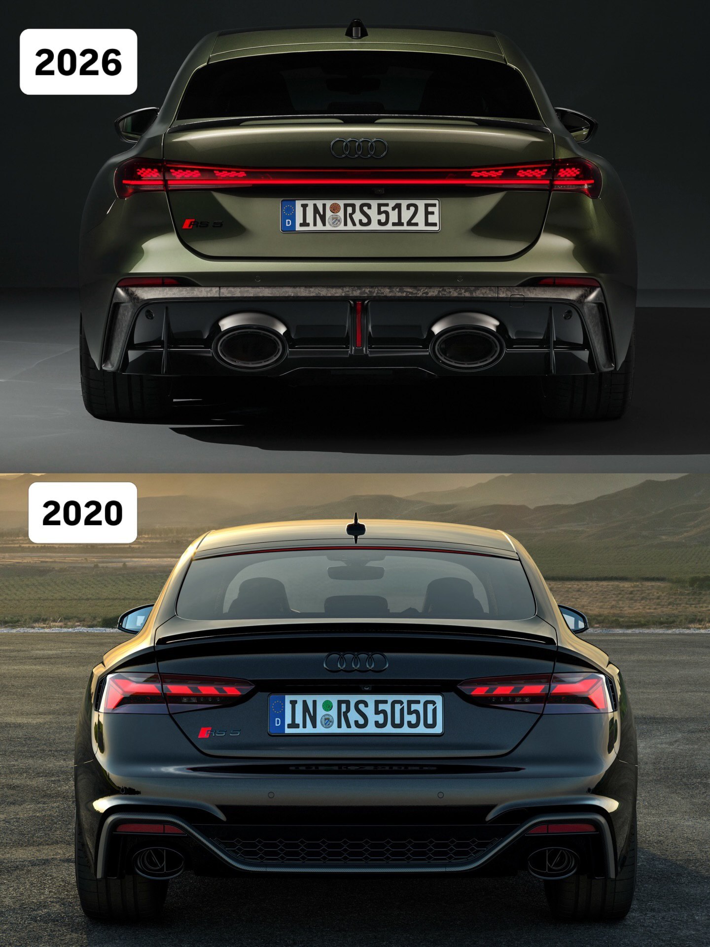 نمای ظاهری خودروی آئودی RS 5 مدل ۲۰۲۶ نسخه‌های سدان و آوانت (استیشن) با پیشرانه پلاگین هیبرید و طراحی اسپرت سری RS.