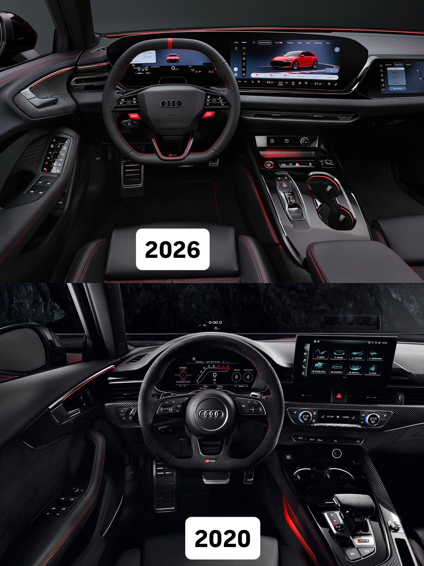 نمای ظاهری خودروی آئودی RS 5 مدل ۲۰۲۶ نسخه‌های سدان و آوانت (استیشن) با پیشرانه پلاگین هیبرید و طراحی اسپرت سری RS.