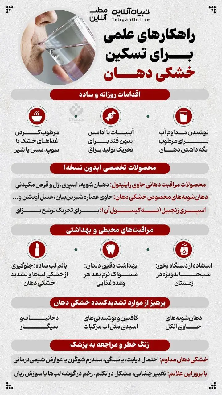 راهکارهای علمی برای تسکین خشکی دهان + اینفوگرافی