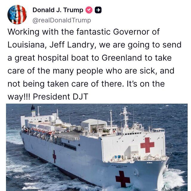 ترامپ: کشتی بیمارستانی در راه گرینلند است!
